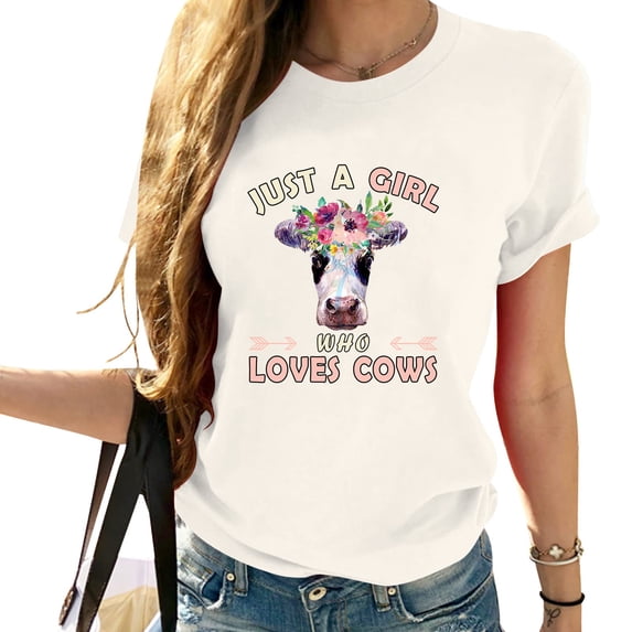 Just a Girl Who Loves Cows Stylish Graphic Tee for Women, Short Sleeve Shirt with Comfortable Stretch Fabric - Womens Tops Cow Lover Gifts