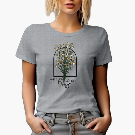 Just a Girl Who Loves Daisy with Daisies & Bees Art Merch Gift, Heather Grey T-Shirt, Small