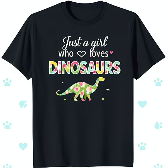 Just a Girl Who Loves Dinosaurs Black T-Shirt with Cute Dino Graphic & Hearts