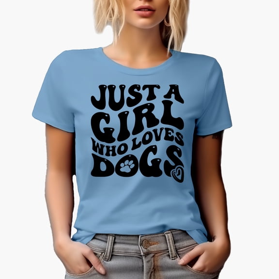 Just a Girl Who Loves Dogs Quote, Groovy Retro Wavy Text Merch Gift, Baby Blue T-Shirt, Large