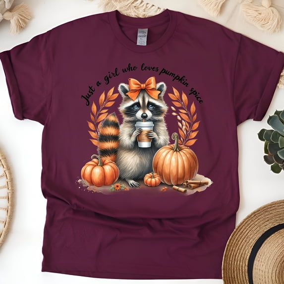 Graphic T-Shirt Just a Girl Who Loves Pumpkin Spice Raccoon Coffee Print for Women, Maroon, Size 2XL