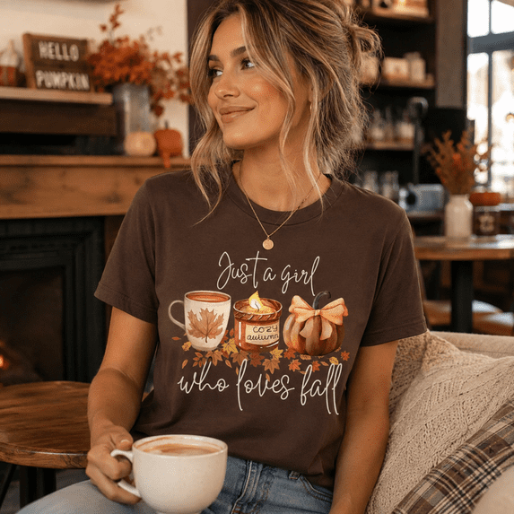 Just a Girl Who Loves Fall Shirt, Cozy Autumn Pumpkin Coffee Comfort Colors Unisex Graphic Tee - Espresso, L