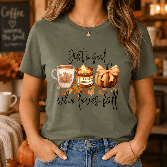 Just a Girl Who Loves Fall Shirt, Cozy Autumn Pumpkin Coffee Comfort Colors Unisex Graphic Tee - Moss, 3XL