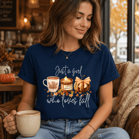 Just a Girl Who Loves Fall Shirt, Cozy Autumn Pumpkin Coffee Comfort Colors Unisex Graphic Tee - Navy, S