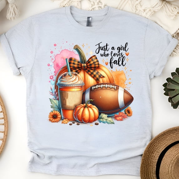 Just a Girl Who Loves Fall Shirt | Pumpkin Spice Coffee Football Tee | Autumn Graphic T-Shirt, Ash, Size L