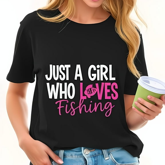 Just a Girl Who Loves Fishing Cotton Short Sleeve T-Shirt with Playful Fish Design - Casual Graphic Tee for Outdoor Fun