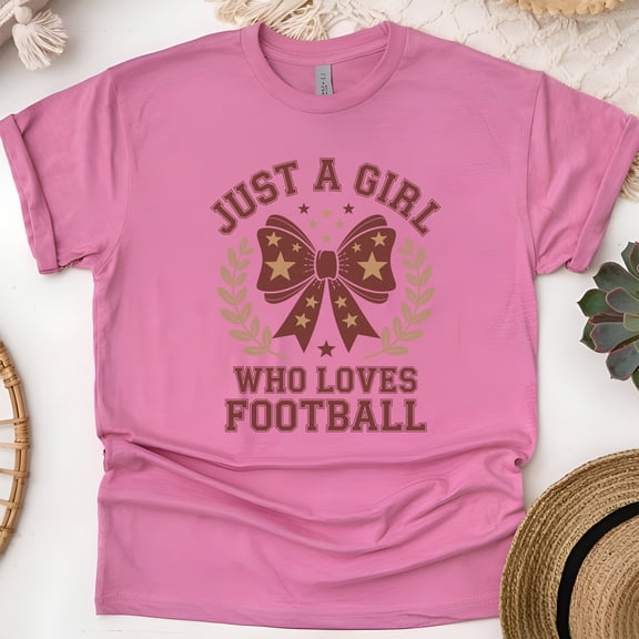 Just a Girl Who Loves Football Shirt | Brown Bow Game Day Tee for Women, Heliconia, Size S