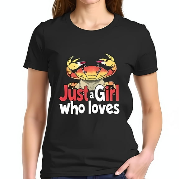 Just a Girl Who Loves - Fun Black Cotton Short Sleeve T-Shirt with Whimsical Crab Graphic
