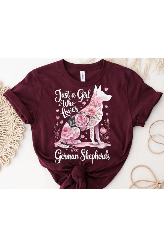 Just a Girl Who Loves German Shepherds Shirt – Floral Dog Silhouette Tee – Cute Pet Lover Gift – GSD Girl Aesthetic Graphic Top TSHIRT All Size S-5XL