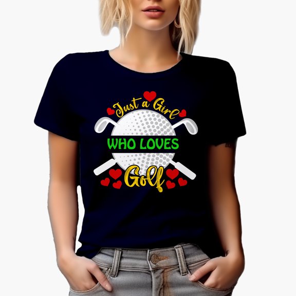Just a Girl Who Loves Golf with a Ball, Hearts & Clubs, Female Golf Player, Golfing or Golfer Themed Merch Gift, Navy Blue T-Shirt, Small