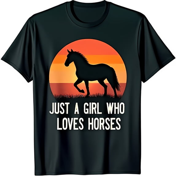 Just a Girl Who Loves Horses Black T-Shirt with Vintage Sunset Horse