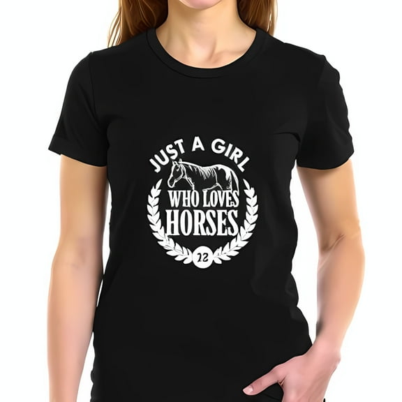 Just a Girl Who Loves Horses Graphic Tee - Cotton Short Sleeve T-Shirt with Horse Illustration & Laurel Wreath Design
