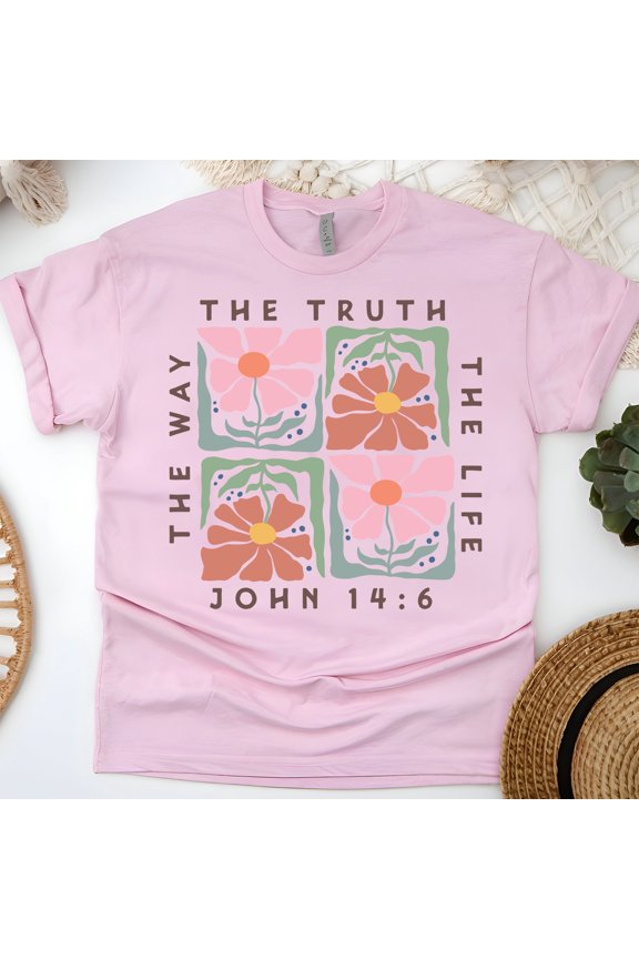 Christian Graphic T-Shirt The Way The Truth The Life John 14:6 for Women, Light Pink, Size M