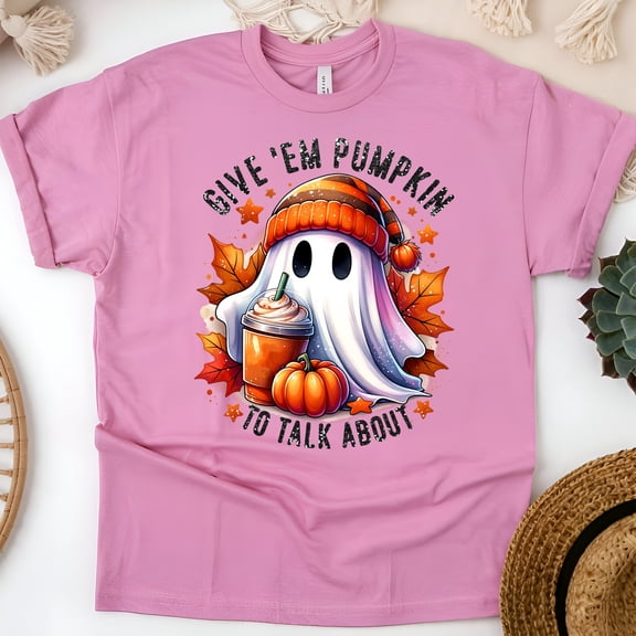 Graphic T-Shirt Give ’Em Pumpkin to Talk About Ghost Print for Women, Azalea, Size 3XL