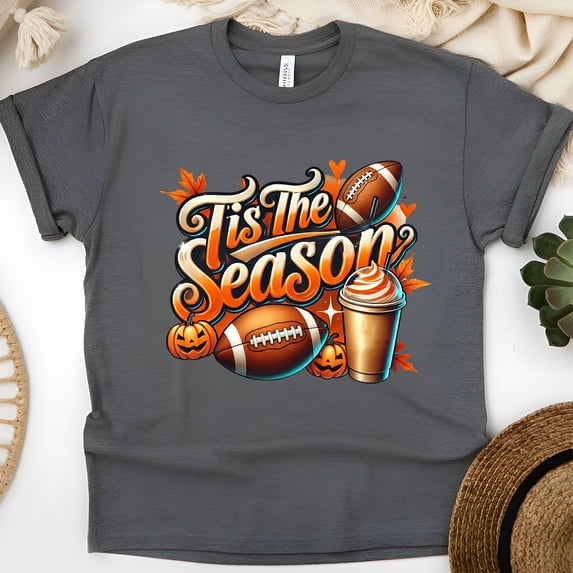Graphic T-Shirt Tis The Season Football Pumpkin Spice Print for Women, Dark Heather, Size S