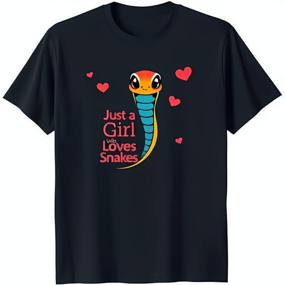 Just a Girl Who Loves Snakes T-Shirt Cute Cartoon Snake Design with Hearts on Black Tee