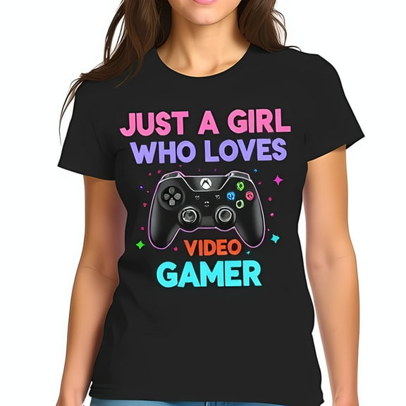 Just a Girl Who Loves Video Games Cotton Short Sleeve T-Shirt with Colorful Text & Game Controller Graphic