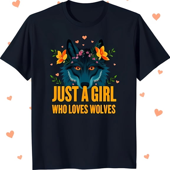 Just a Girl Who Loves Wolves Blue T-Shirt with Floral Crown Design