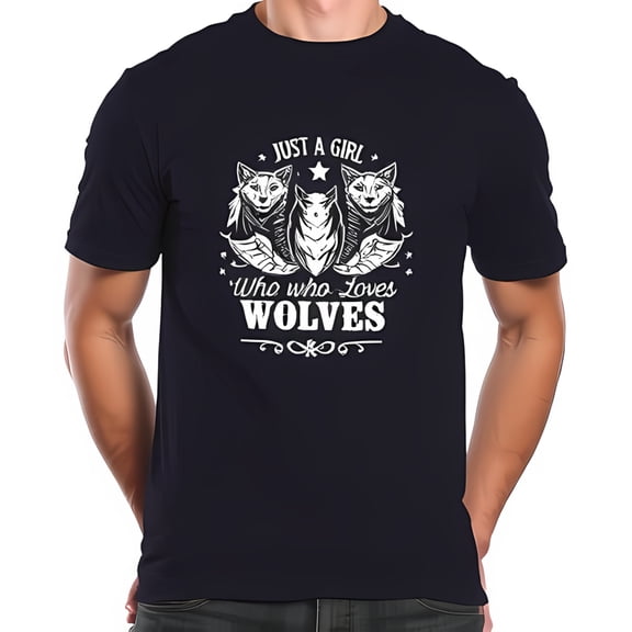 Just a Girl Who Loves Wolves Cotton Short Sleeve T-Shirt - Bold Typography with Wolf Graphics Stars & Wings Design