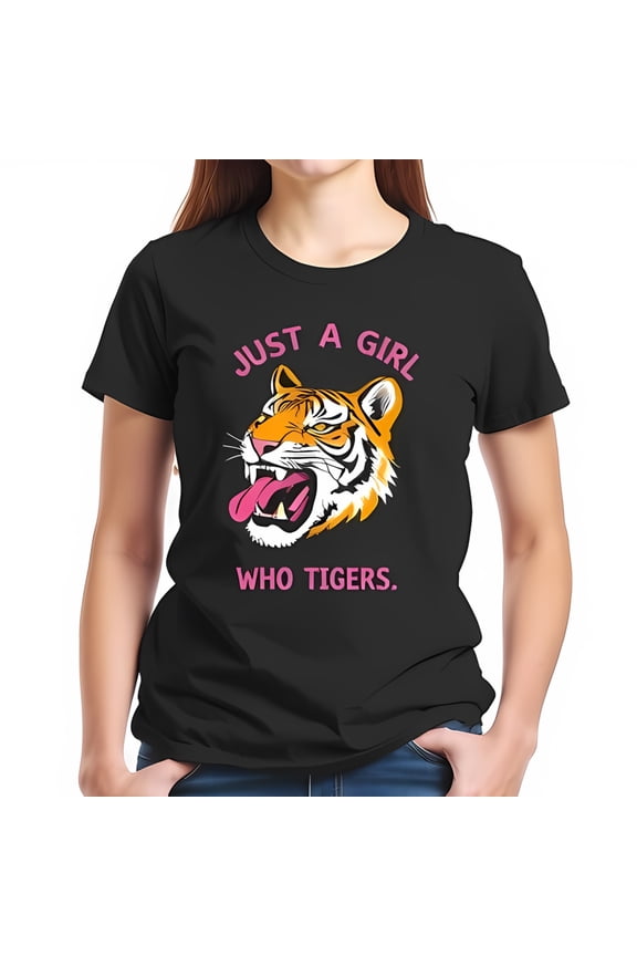 Just a Girl Who Tigers Graphic Cotton Short Sleeve T-Shirt - Snarling Tiger Head Design in Bold Pink