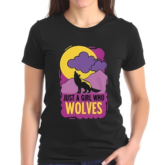 Just a Girl Who Wolves Cotton Short Sleeve T-Shirt - Vibrant Graphic Design with Wolf & Colorful Moon