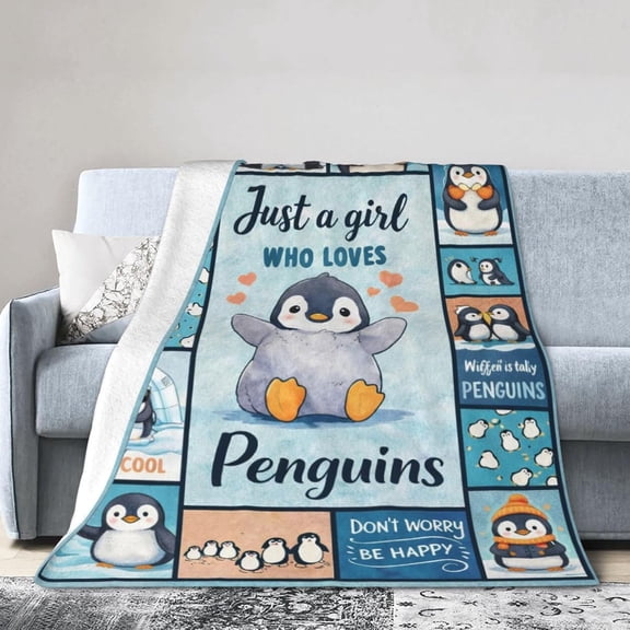 Just a Girl who Loves Penguins Cute Cartoon Collage Throw Blanket Soft Plush Fleece for Home Decor