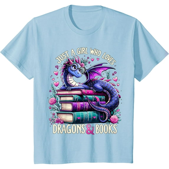 Just a Girl who loves Dragons and Books Dragon Reading Unisex T-Shirt for Men Women Kids Toddler,Light Blue Color,Size 2XL