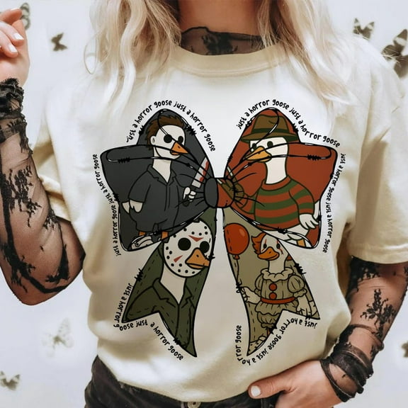 Just a Horror Goose Shirt, Halloween Silly Goose Tee, Funny Goose Halloween Shirt, Coquette Bow Spooky Shirt, Horror Characters T-Shirt Design