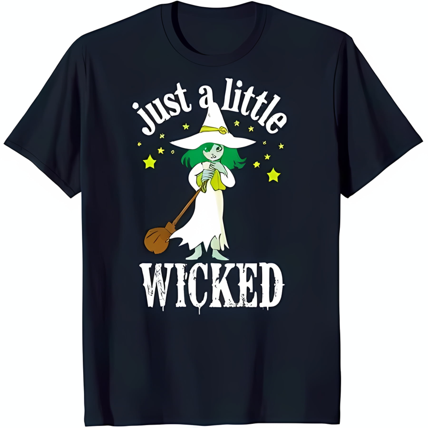 Just a Little Wicked Black T-Shirt with Smiling Witch Graphic & Stars ...