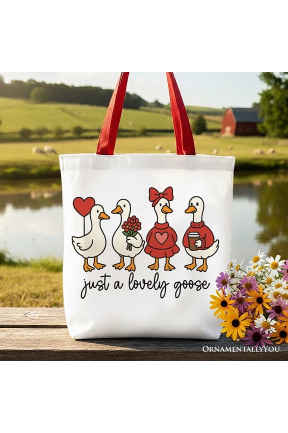 Just a Lovely Goose Valentine Canvas Tote Bag, Coquette Cute Love Printed Gift Bag