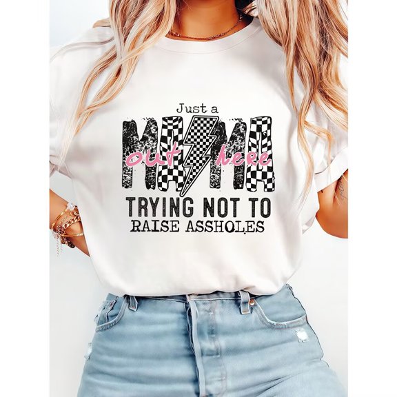 Just a Mama out here doing my best Tshirts Mom Life Graphic Tees Casual Short Sleeve Tops Cotton Shirts for Daily Outfits White,S
