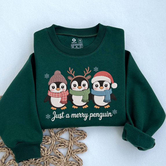 Just a Merry Penguins Embroidered Sweatshirt: Christmas Penguin Sweatshirt | Christmas Animal Sweater
