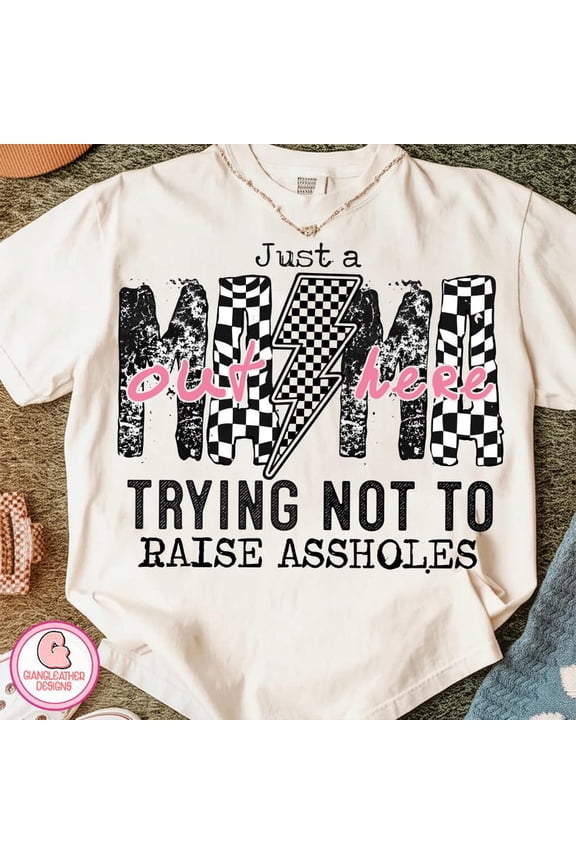 Just a Mom Out Here T-Shirt, Funny Sassy Mama Graphic Tee, Checkered Trendy Mom Life Shirt, Sarcastic Motherhood Mother’s Day Gift