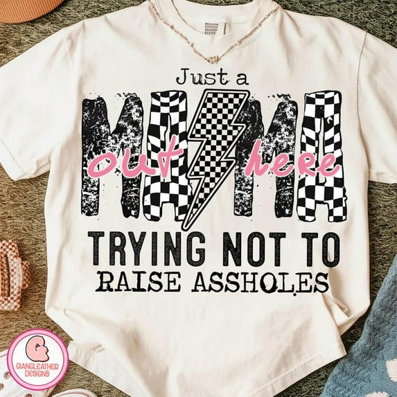 Just a Mom Out Here T-Shirt, Funny Sassy Mama Graphic Tee, Checkered Trendy Mom Life Shirt, Sarcastic Motherhood Mother’s Day Gift