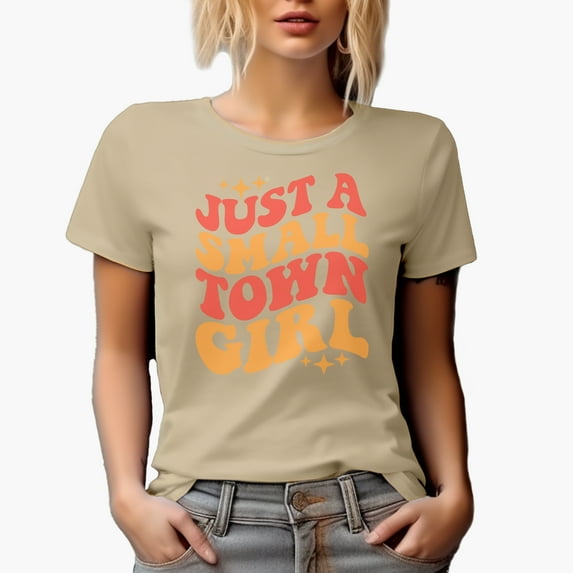 Just a Small Town Girl, Groovy Retro Wavy Text Merch Gift, Tan T-Shirt, Large