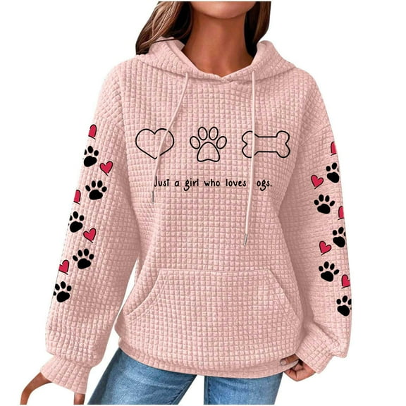 Just a girl who love dogs - Waffle Hoodies for Women Cute Dog Paw Heart Print Hooded Sweatshirts Dog Lover Winter Casual Drawstring Pullover Tops