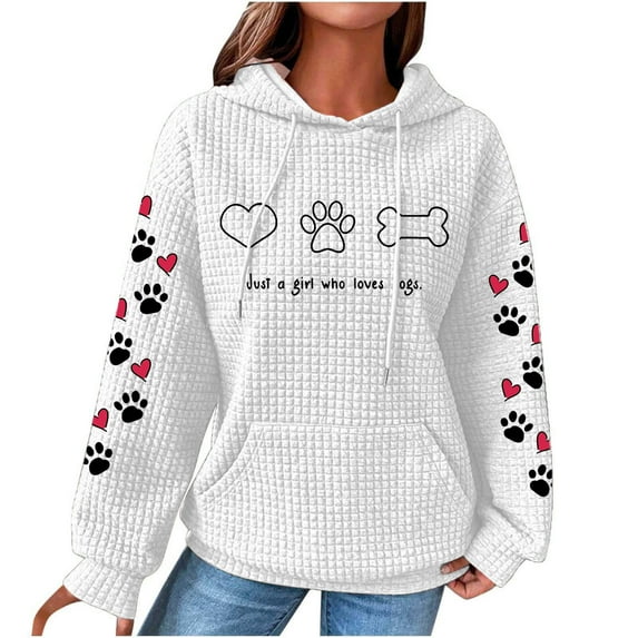 Just a girl who love dogs - Waffle Hoodies for Women Cute Dog Paw Heart Print Hooded Sweatshirts Dog Lover Winter Casual Drawstring Pullover Tops