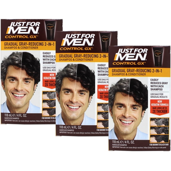 Just for Men Control GX Grey Reducing 2-in-1 Shampoo and Conditioner with Keratin, 4 Fl Oz (Packaging May Vary) - 3 Pack