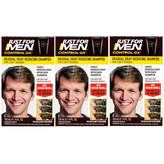 Just for Men Control GX Grey Reducing Shampoo for Lighter Shades of Hair, for Dark Blond to Medium Brown, 4 Fl Oz - 3 Pack