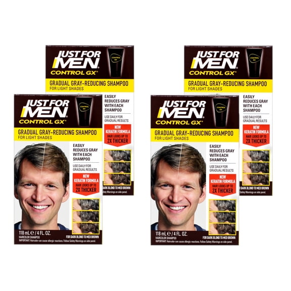 Just for Men Control GX Grey Reducing Shampoo for Lighter Shades of Hair, for Dark Blond to Medium Brown, 4 Fl Oz - 4 Pack