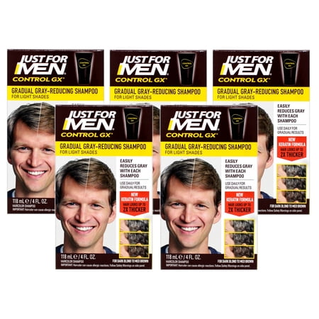 Just for Men Control GX Grey Reducing Shampoo for Lighter Shades of Hair, for Dark Blond to Medium Brown, 4 Fl Oz - 5 Pack