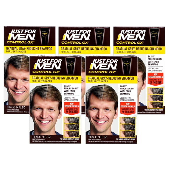 Just for Men Control GX Grey Reducing Shampoo for Lighter Shades of Hair, for Dark Blond to Medium Brown, 4 Fl Oz - 5 Pack