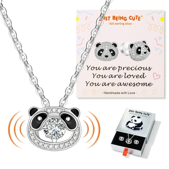 JustBeingCute Dancing Necklace and Earrings Set for Women, 925 Real Sterling Sliver Moissanite Pendant Necklaces Shinny CZ Stud Earrings Birthday Christmas Panda Jewelry Gifts with Card