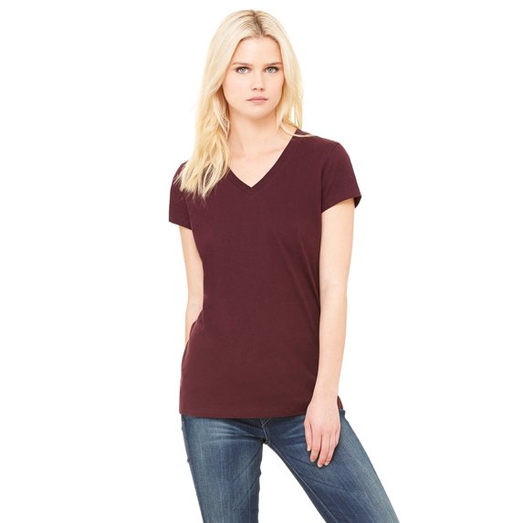 JustBlanks LADIES' JERSEY SHORT SLEEVE V NECK T SHIRT, Maroon, L