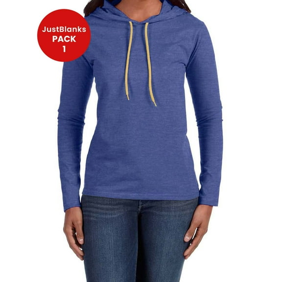 JustBlanks Ladies Semi-fitted Silhouette with Side Seam 100% Combed Ring Spun Cotton Long Sleeve Hooded T-Shirt for Women's - HTH BLU/ NEO YEL - Small
