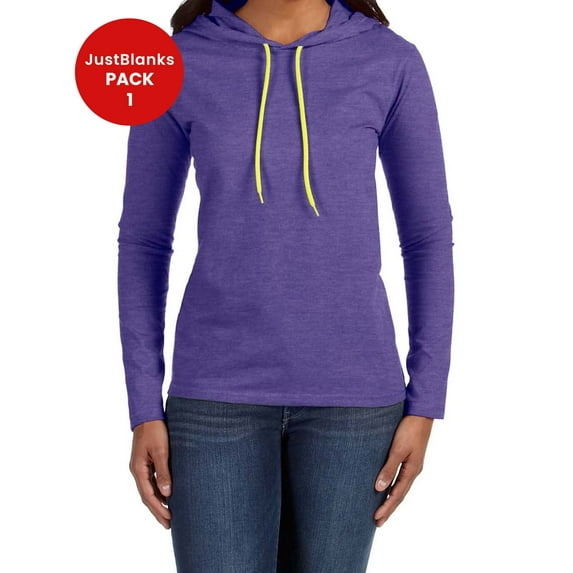 JustBlanks Ladies 100% Combed Ring Spun Cotton Long Sleeve Hooded T-Shirt Relaxed unlined hood Semi-fitted contoured silhouette with sideseams
