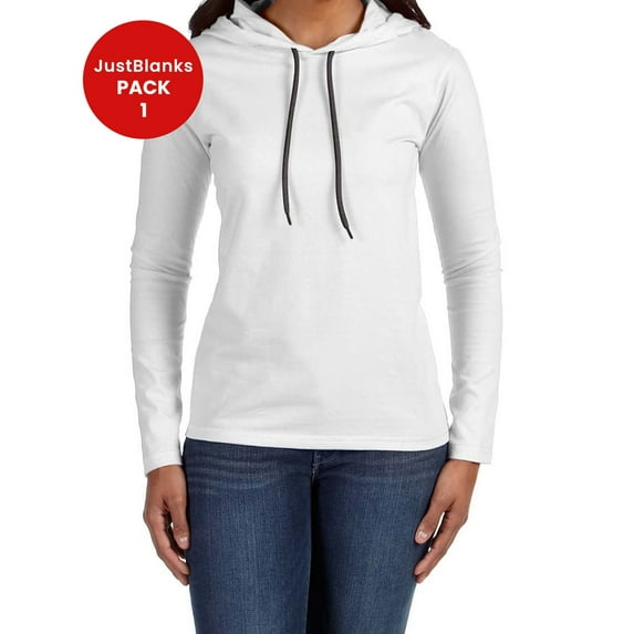 JustBlanks Ladies 100% Combed Ring Spun Cotton Long Sleeve Hooded T-Shirt Relaxed unlined hood Semi-fitted contoured silhouette with sideseams