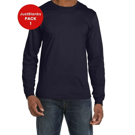JustBlanks Men's Long Sleeve T-Shirt 100% Combed Ring Spun Cotton Shoulder Taping Double-needle Sleeves Shirt Crew Neck T-Shirt for Men - Navy - Small