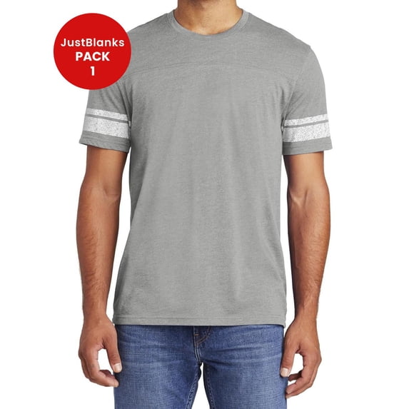 JustBlanks Game Tee This tee has a retro, game-day inspired look Front and back yoke Distressed printed stripes at sleeve