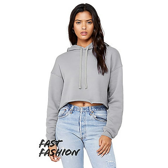 JustBlanks Women's Crop Fleece Hoodie Pre Shrunk DTM Drawcord Raw Hem Dropped Shoulders, Storm, L